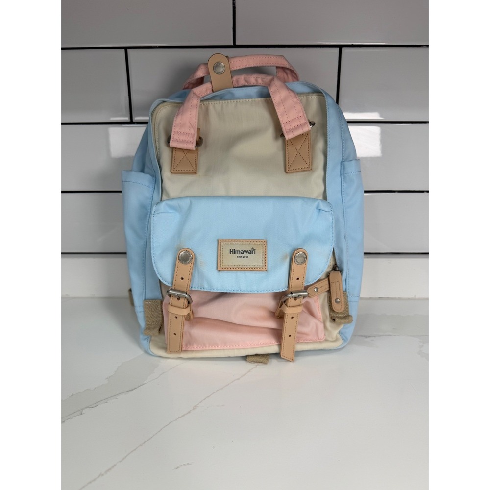 Himawari Pastel Colorblock Nylon Backpack Laptop Travel Bag Blue Pink Cream